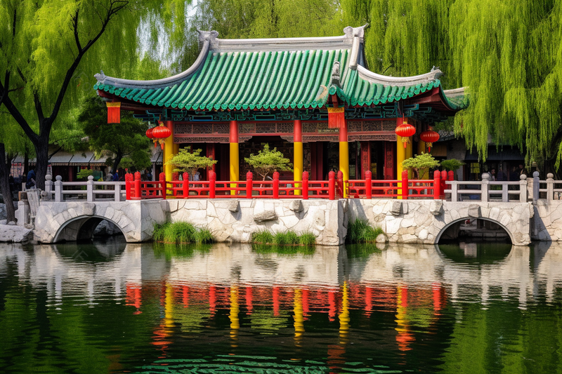 泉湖边柳树下湖中倒影红色柱子绿色亭子景点景区摄影背景,高清,摄影图,摄影图片,图片大全,摄影图免费下载